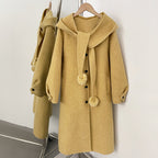 OFTBUY New Women's Hooded Wool Coat with Fur Pom Details Long Single Breasted Winter Warm Elegant Woolen Outerwear Female