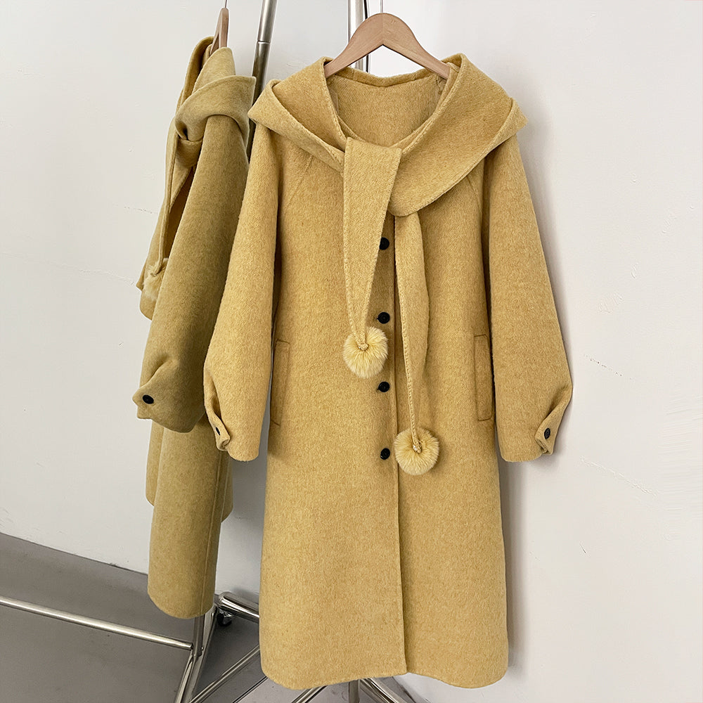 OFTBUY New Women's Hooded Wool Coat with Fur Pom Details Long Single Breasted Winter Warm Elegant Woolen Outerwear Female