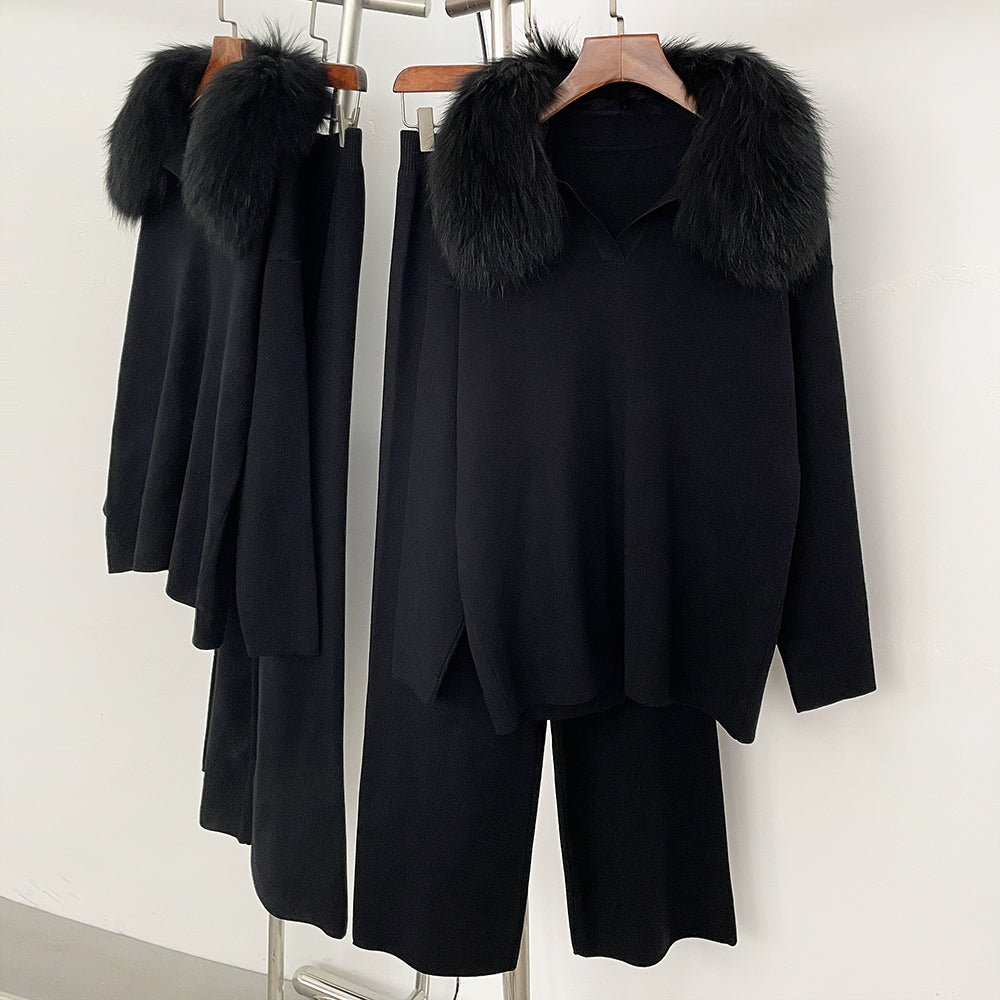 OFTBUY Knitted Pant Set Female Fashion Warm Real Fox Fur Sweater Lady New Autumn Winter Plus Size Woman Clothes Outfits Knitwear