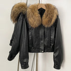 OFTBUY Women's Faux Leather Bomber Jacket with Real Fox Fur Collar PU Leather Cropped Aviator Coat Female New Winter Outerwear