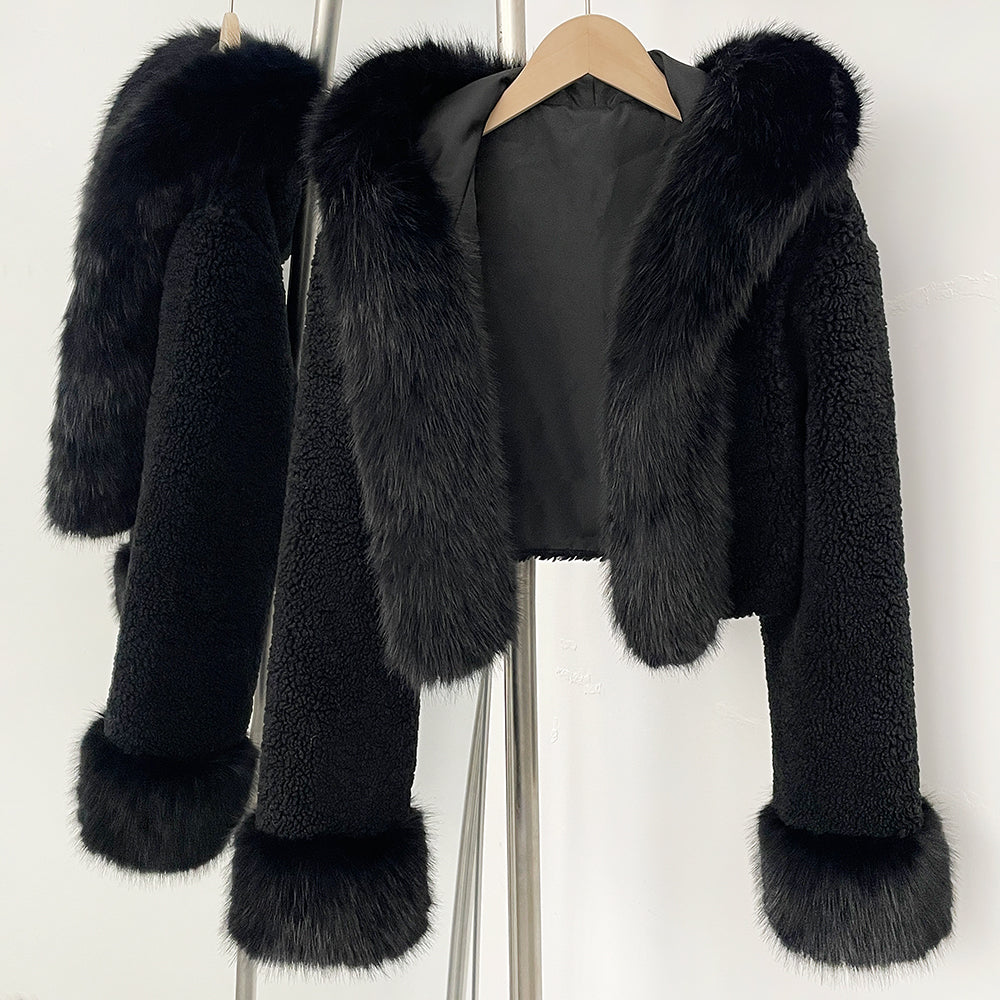 OFTBUY Short Faux Lamb Fur Jacket Female New Fashion Autumn Warm Thick Artificial Fur Winter Clothing Women Hooded Fake Fox Fur Coat