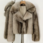 Silver fox style faux fur jacket in beige-grey with realistic dark tips