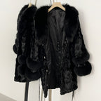 OFTBUY New Winter Thickened Warm Clothes Female Mid-length Leather Belt Real Mink Fur Coat Women Black Natural Fox Fur Jacket