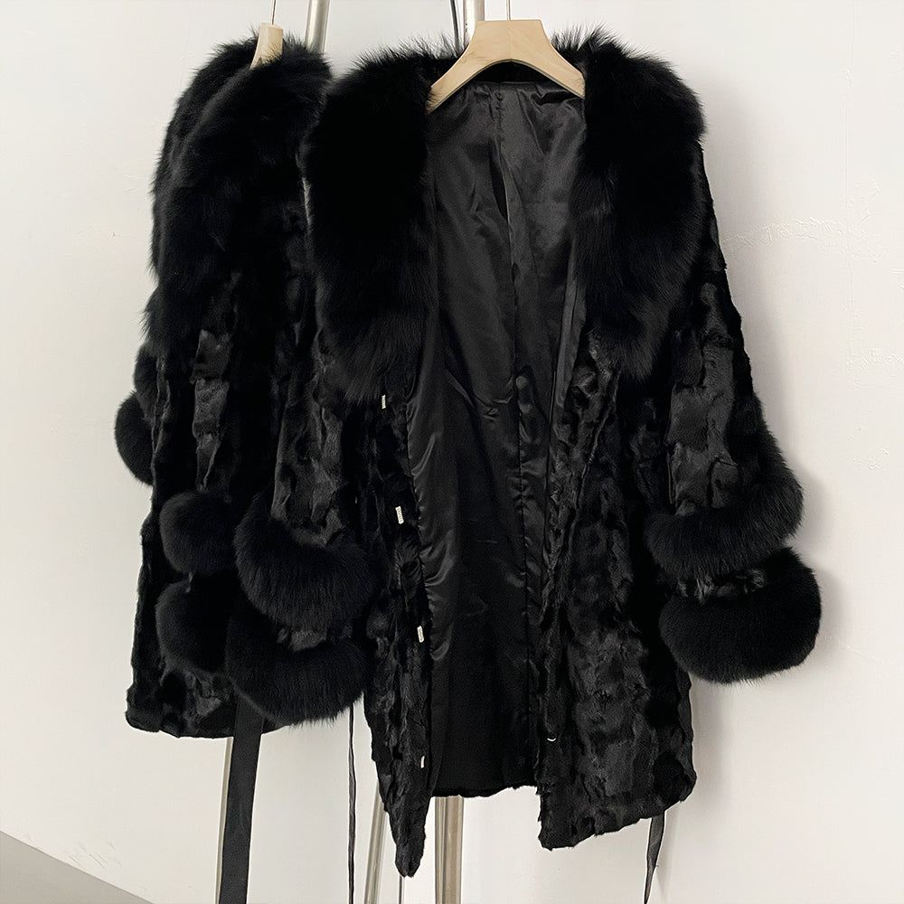 OFTBUY New Winter Thickened Warm Clothes Female Mid-length Leather Belt Real Mink Fur Coat Women Black Natural Fox Fur Jacket