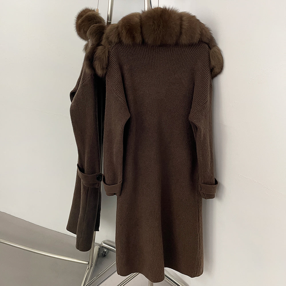 OFTBUY New Autumn Winter Knit Clothing Female Long Big Real Fox Fur Collar Sweater Women Warm Fashion Elegant Cardigan Coat