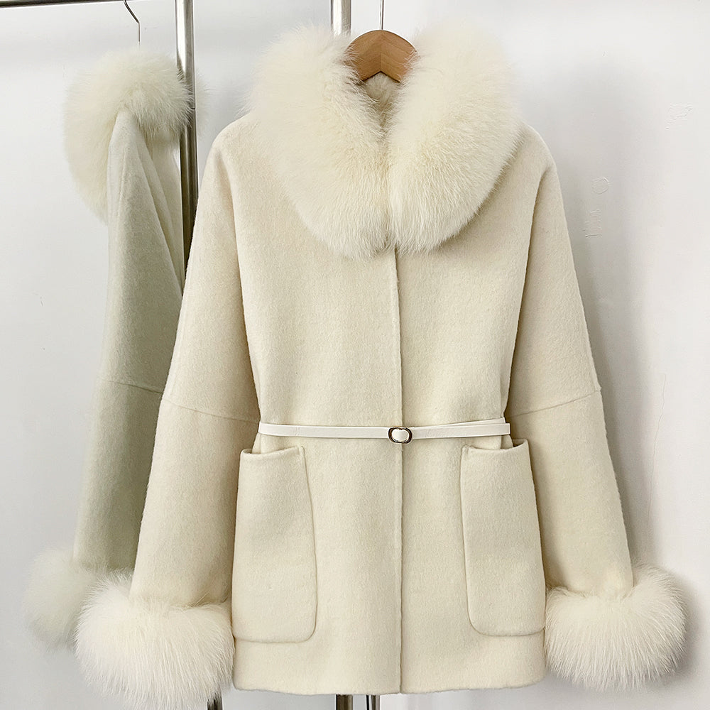 OFTBUY New Autumn Winter Belt Woolen Clothes Women Real Fox Fur Cuffs and Collar 100% Wool Coat Female Natural Fur Pocket Jacket