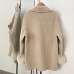OFTBUY New Women's Wool Coat with Real Fox Fur Cuffs Double Breasted Diamond Button Lapel Winter Elegant Outerwear Female