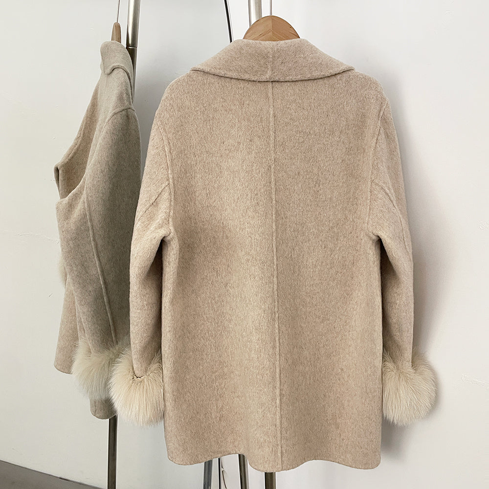 OFTBUY New Women's Wool Coat with Real Fox Fur Cuffs Double Breasted Diamond Button Lapel Winter Elegant Outerwear Female