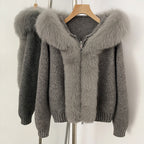 OFTBUY Luxury Viscose Blend Knitted Jacket with Real Fox Fur Hood & Trim - Premium Zip-Up Sweater with Oversized Fur Collar