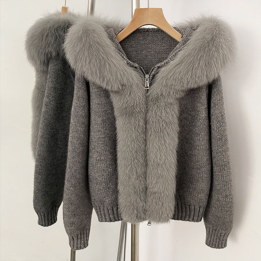 OFTBUY Luxury Viscose Blend Knitted Jacket with Real Fox Fur Hood & Trim - Premium Zip-Up Sweater with Oversized Fur Collar