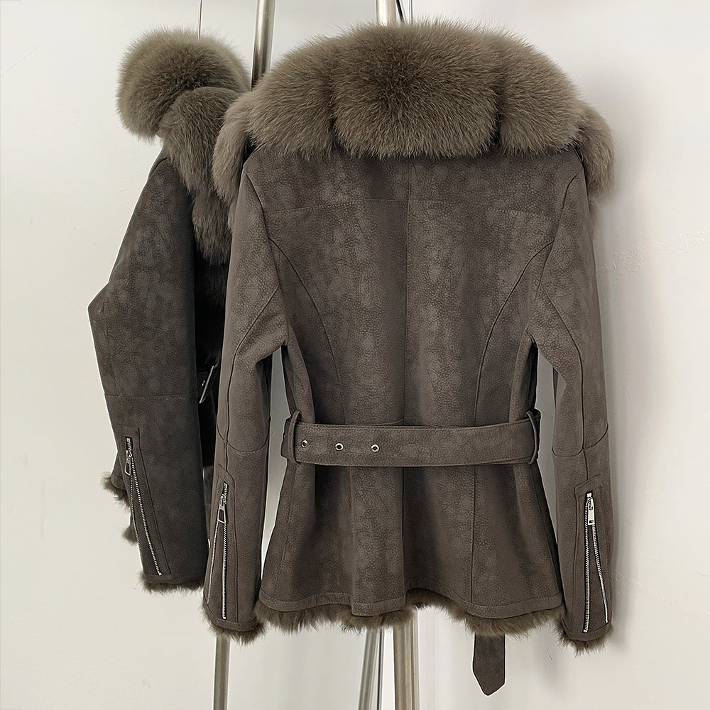 OFTBUY New Women's Suede Jacket with Real Fox Fur Collar Real Rabbit Fur Lining Coat Female Belted Warm Winter Luxury Outerwear