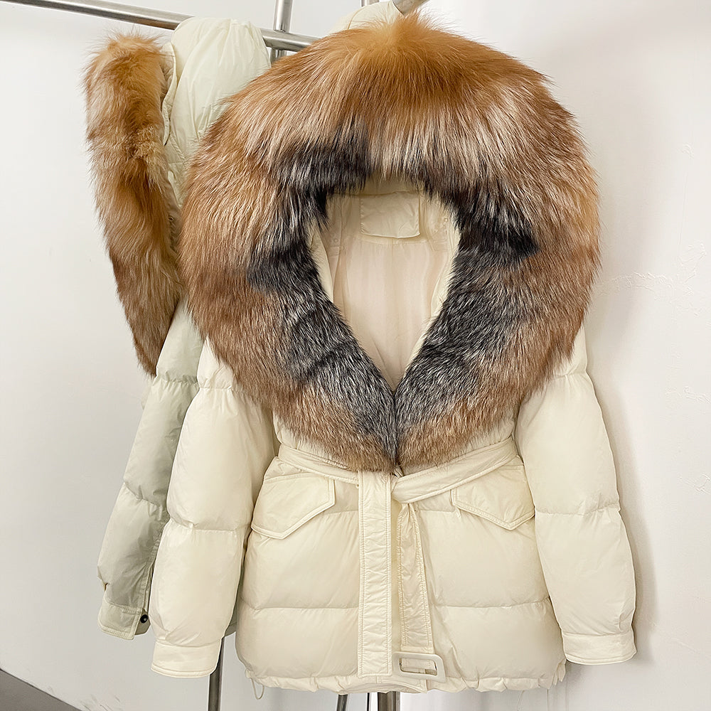 OFTBUY Thick Warm Mid-Long Puffer Coat Real Fox Fur Collar White Duck Down Coat Female Loose Warm Hooded Parkas With Belt