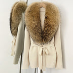 OFTBUY New Autumn Winter Luxury Fashion Outerwear Lady Women's Knit Coat with Large Real Fox Fur Collar Belt Textured Knit Warm