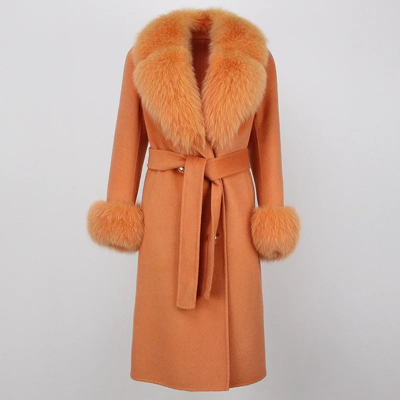OFTBUY Winter Jacket Women Long Natural Wool Blends Cashmere Real Fur Coat Double Breasted Belt Warm Streetwear New Fashion