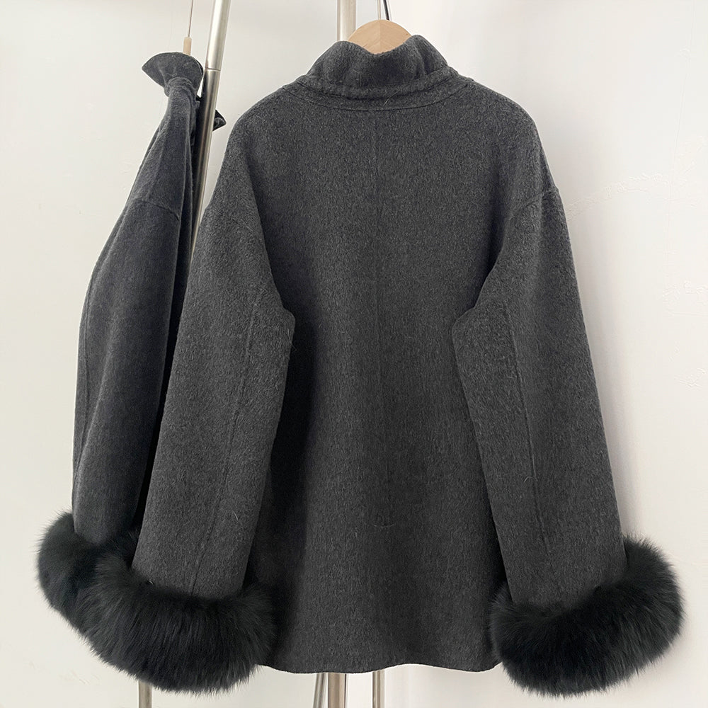 OFTBUY Loose Real Fox Fur 100% Wool Coat with Hat New Autumn Winter Top Clothes Women Natural Fur Cashmere Woolen Jacket Female