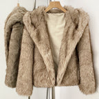 OFTBUY Luxury Hooded Faux Fur Jacket - Premium Vegan Silver Fox Style Cropped Winter Coat