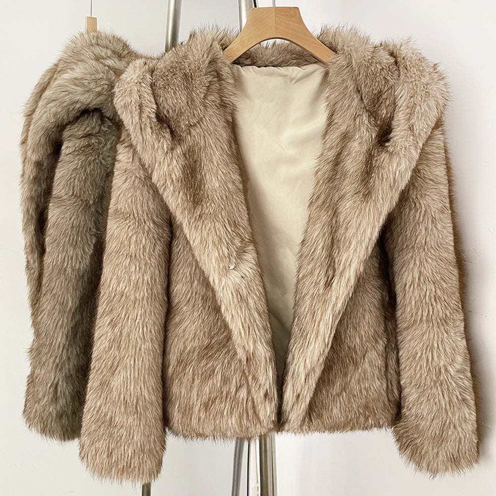 OFTBUY Luxury Hooded Faux Fur Jacket - Premium Vegan Silver Fox Style Cropped Winter Coat