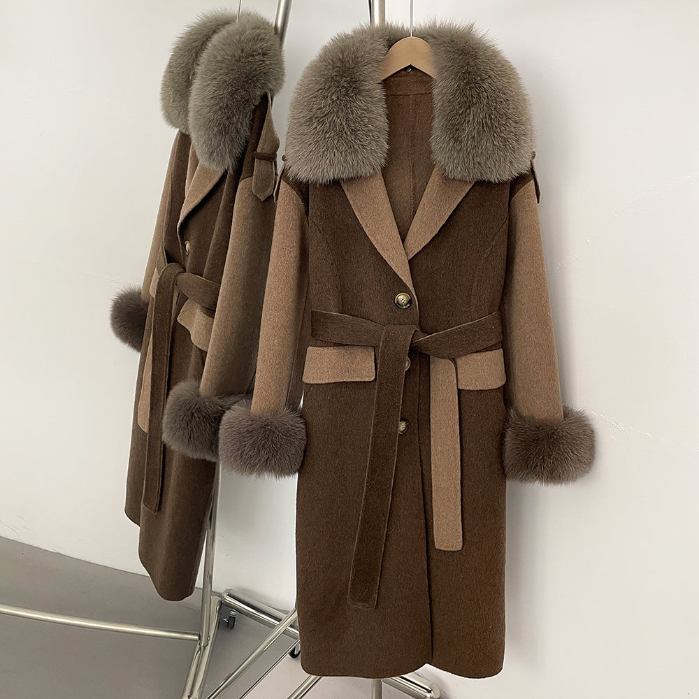 OFTBUY New Winter Real Fur Collar Clothes Women Patchwork Double-faced Woolen Cashmere Coat Real Fox Fur Cuff Wool Jacket Female