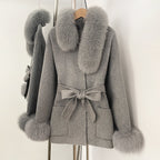 OFTBUY New Women's Wool Coat with Real Fox Fur Collar Cuffs Belted Bow Pockets Warm Winter Elegant Fashion Outerwear Female
