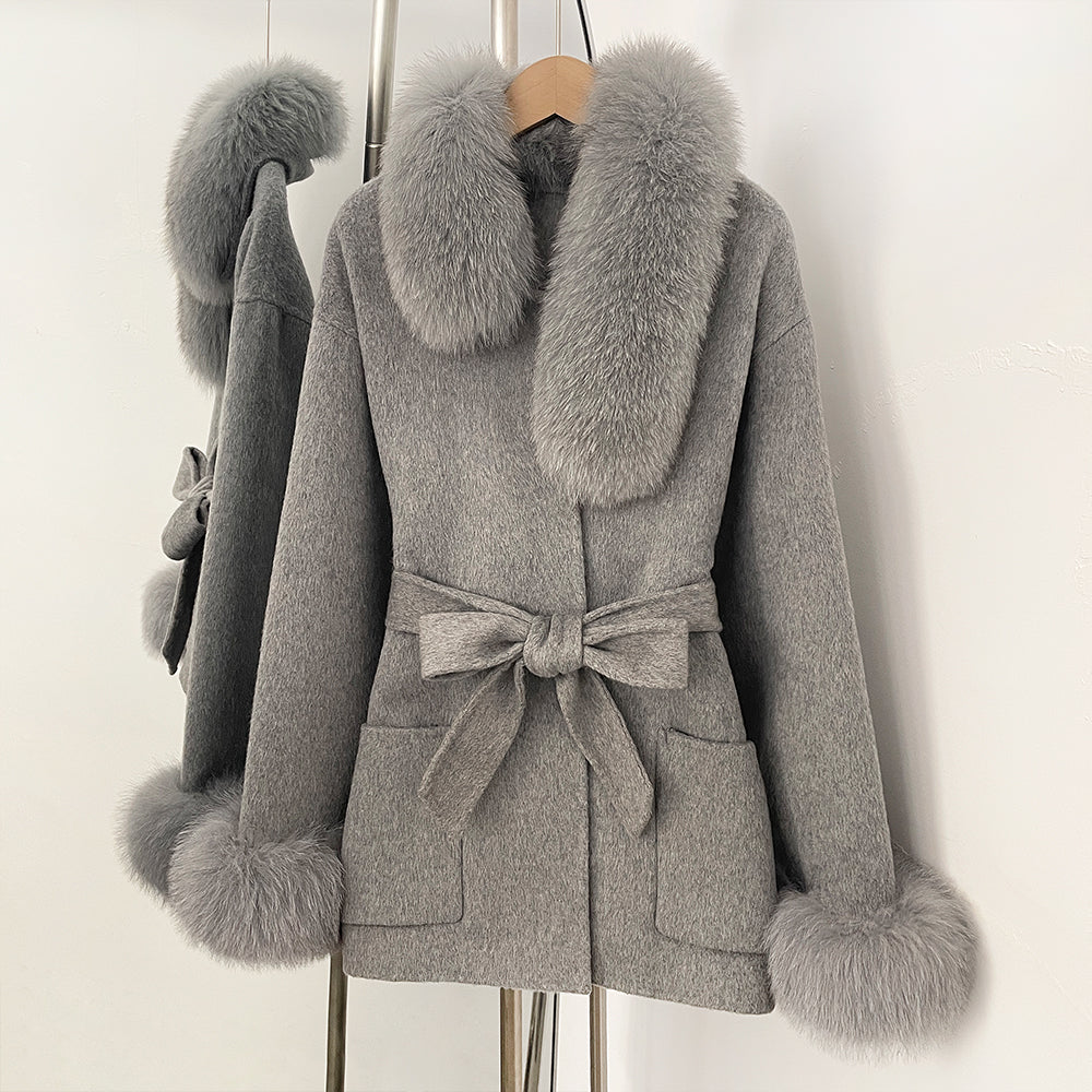 OFTBUY New Women's Wool Coat with Real Fox Fur Collar Cuffs Belted Bow Pockets Warm Winter Elegant Fashion Outerwear Female