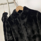 OFTBUY Luxury Stand Collar Faux Mink Fur Short Jacket - Minimal Open Front Vegan Fur Coat in Solid Black & Brown
