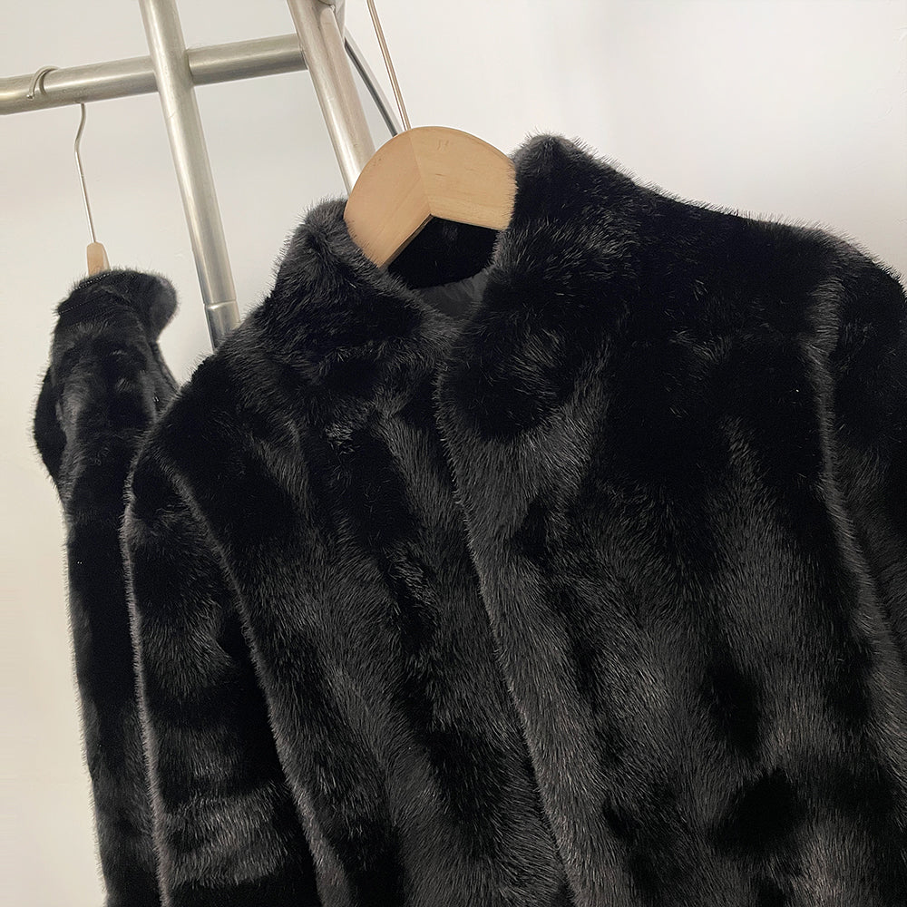 OFTBUY Luxury Stand Collar Faux Mink Fur Short Jacket - Minimal Open Front Vegan Fur Coat in Solid Black & Brown