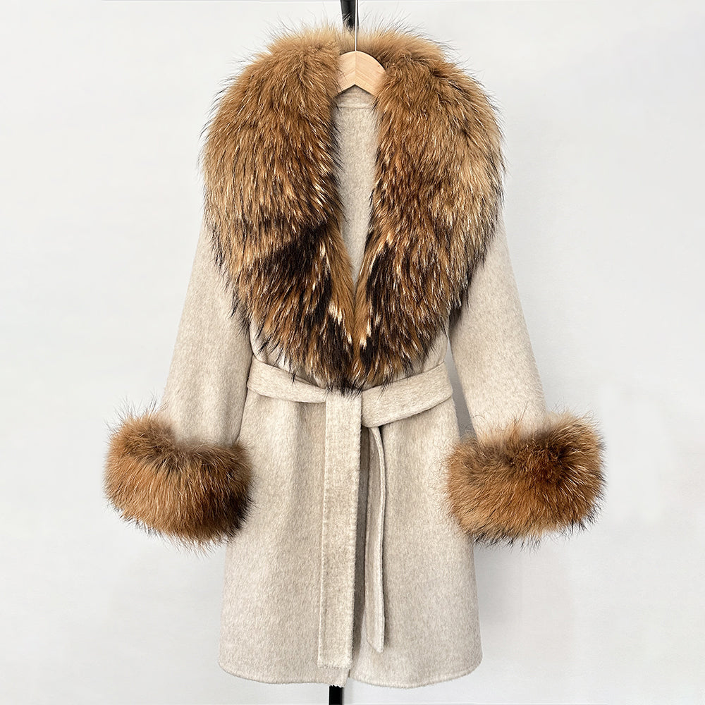 OFTBUY New Autumn Winter Top Clothes Women Belt Natural Fur Wool Coat Female Fashion Warm Woolen Jacket with Real Fox Fur Collar