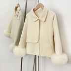 OFTBUY New Women's Double-Faced Wool Coat with Real Fox Fur Cuffs Lapel Collar Coat Design Warm Winter Elegant Fashion Outerwear