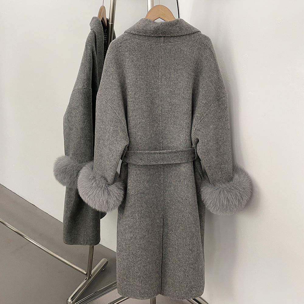 OFTBUY New Women's Double-Faced Wool Coat with Real Fox Fur Cuffs Belted Warm Winter Elegant Fashion Outerwear Wool Jacket Lady