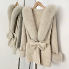 OFTBUY Hooded Big Natural Fur Belt Wool Coat Women New Autumn Winter Real Fox Fur Clothes Female Pocket Luxury Woolen Coat Lady