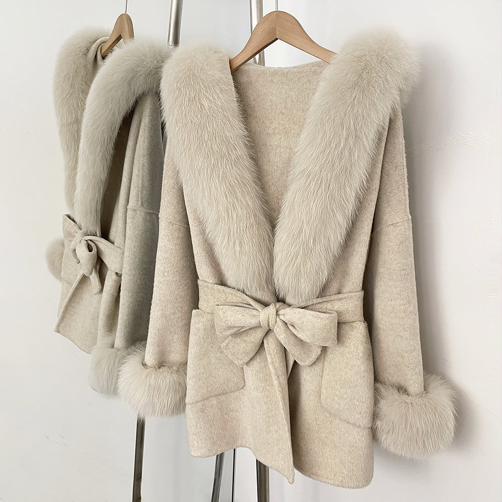 OFTBUY Hooded Big Natural Fur Belt Wool Coat Women New Autumn Winter Real Fox Fur Clothes Female Pocket Luxury Woolen Coat Lady
