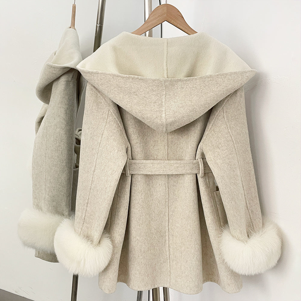 OFTBUY Belted Bow Pockets Winter Elegant Outerwear Jacket Female New Women's Wool Coat with Contrast Hood Real Fox Fur Cuffs
