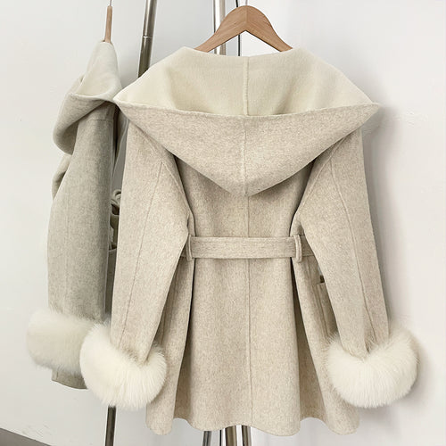 OFTBUY Belted Bow Pockets Winter Elegant Outerwear Jacket Female New Women's Wool Coat with Contrast Hood Real Fox Fur Cuffs