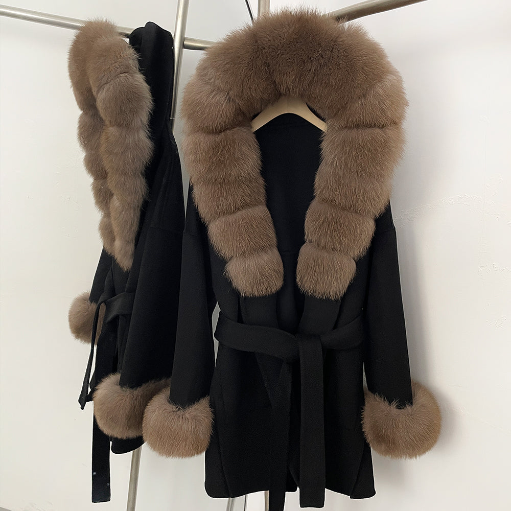 OFTBUY Real Fox Fur Wool Coat Hooded Natural Fur Collar and Cuffs New Autumn Winter Clothes Women Cashmere Woolen Jacket Lady