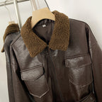 OFTBUY New Women's Faux Leather Jacket with Teddy Fur Collar Belted Waist Pockets Vintage Streetwear Fashion Outerwear Female