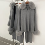 OFTBUY New Autumn Winter Clothing Women Fashion Real Fox Fur Collar Sweater Suit Female Raccoon Fur Pullovers Trousers Set Lady