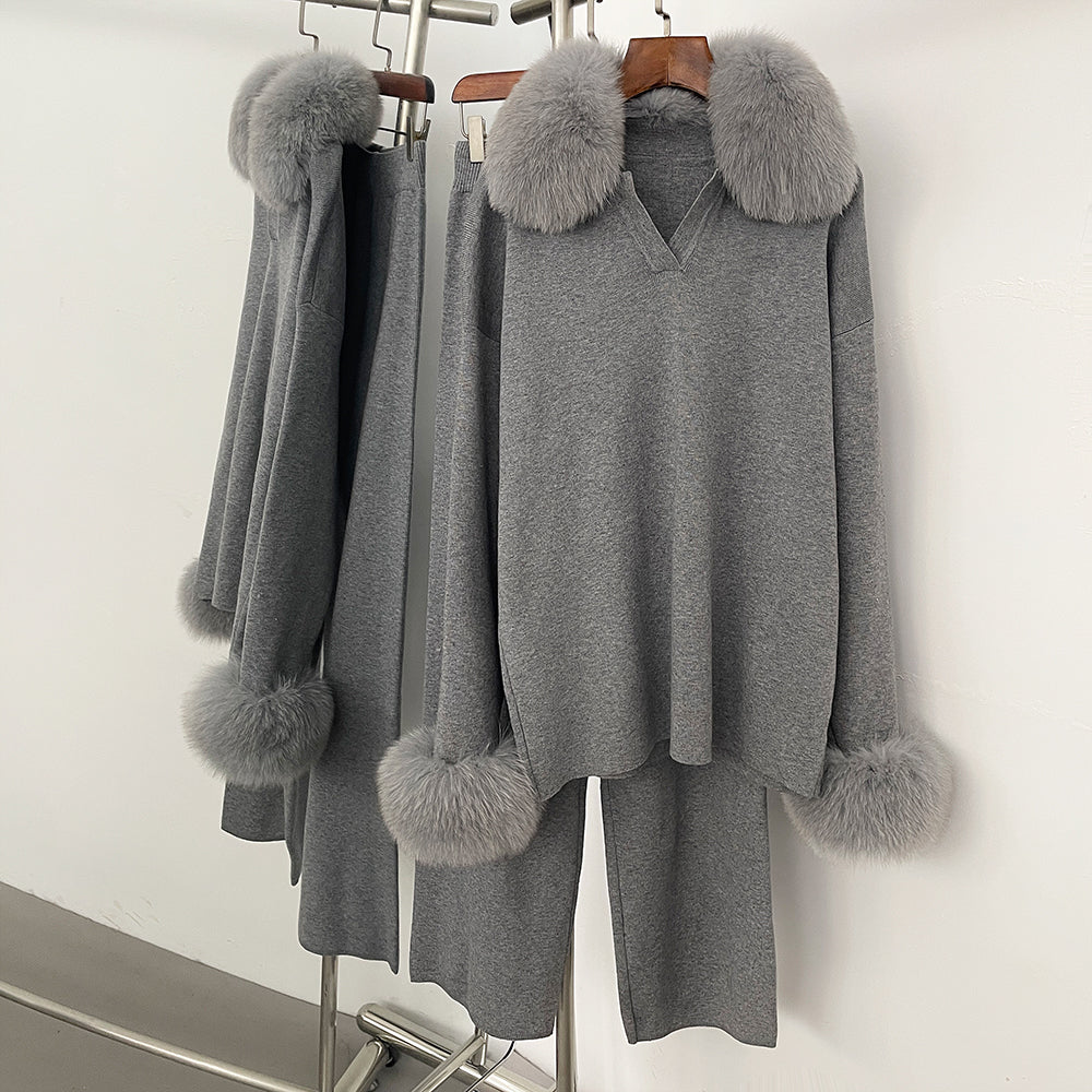 OFTBUY New Autumn Winter Clothing Women Fashion Real Fox Fur Collar Sweater Suit Female Raccoon Fur Pullovers Trousers Set Lady