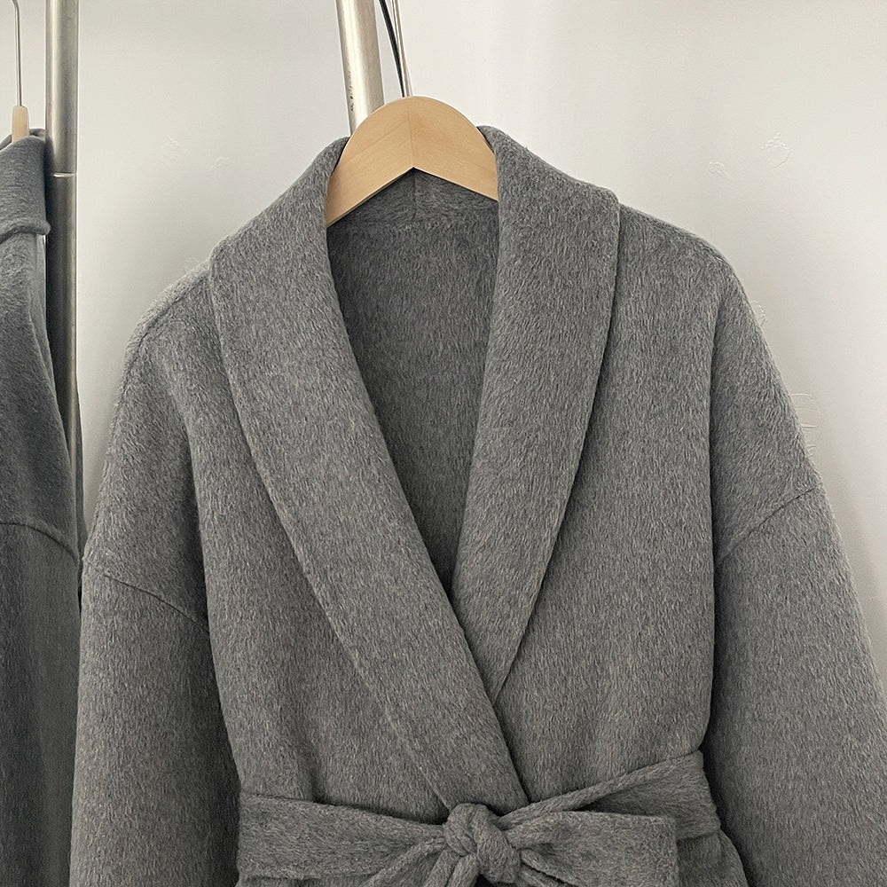 OFTBUY 100% Wool Wrap Belted Short Coat - Wide Shawl Lapel Real Fox Fur Cuff Luxury Double Sided Wool Jacket