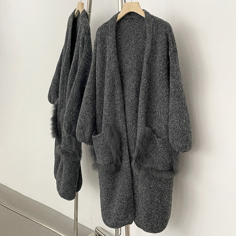 OFTBUY No Placket Long Sleeves Knitwear Jacket Long Real Fox Fur Pocket Cardigan Sweater Women New Spring Autumn Knitted Clothes
