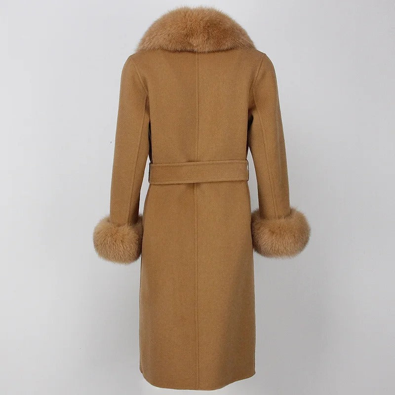 OFTBUY Winter Jacket Women Long Natural Wool Blends Cashmere Real Fur Coat Double Breasted Belt Warm Streetwear New Fashion