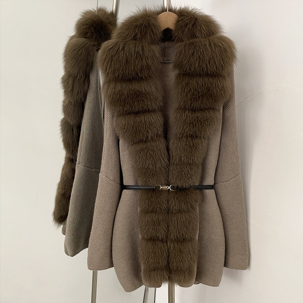 OFTBUY Metal Belt Knit Warm Winter Luxury Fashion Outerwear Sweater Cardigan New Women's Knit Coat with Full Real Fox Fur Front