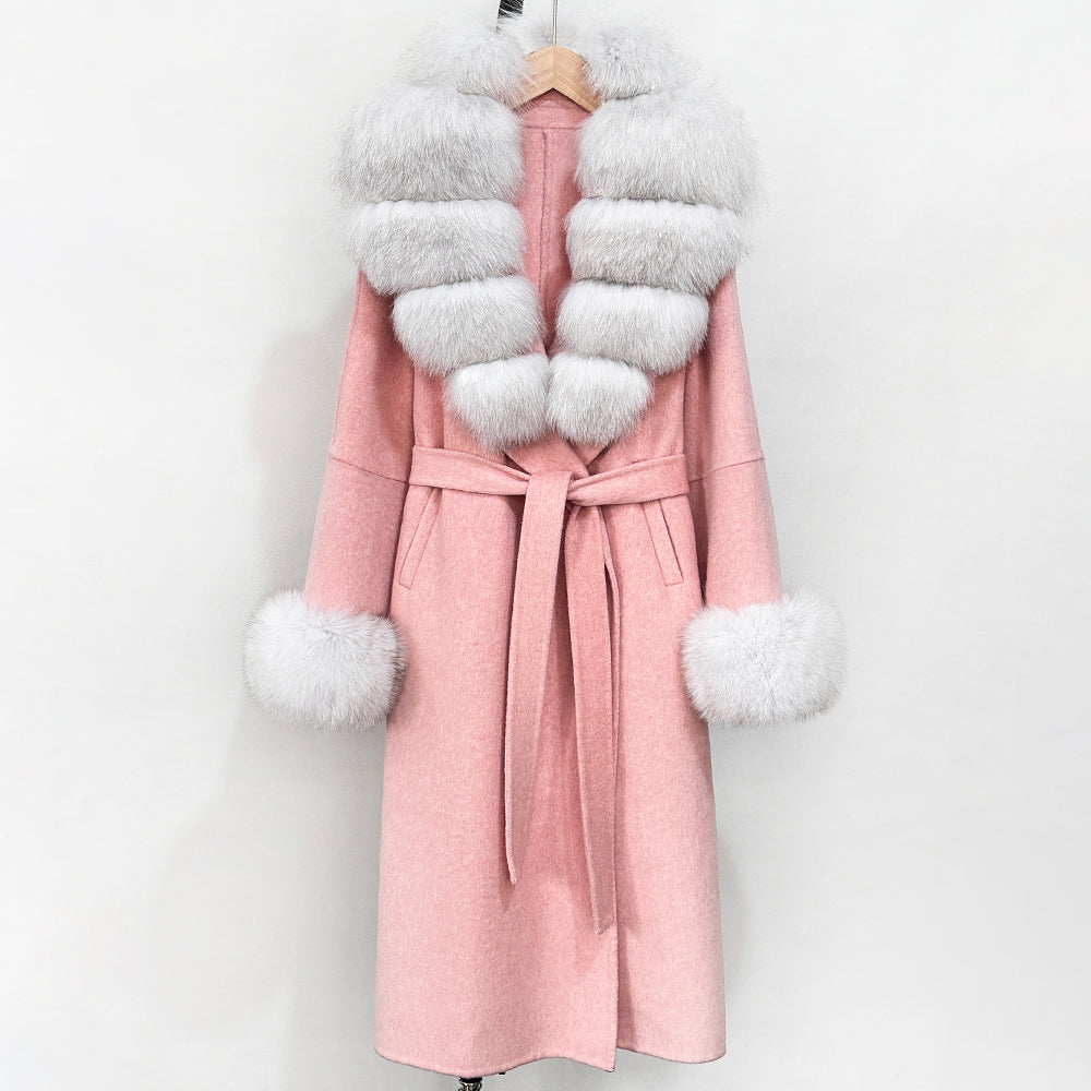 OFTBUY New Women's Double-Faced Wool Coat with Large Real Fox Fur Belted Warm Winter Luxury Fashion Outerwear Woolen Jacket Lady