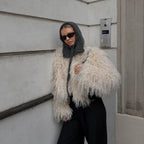 OFTBUY Cropped Faux Mongolia Sheep Fur Jacket