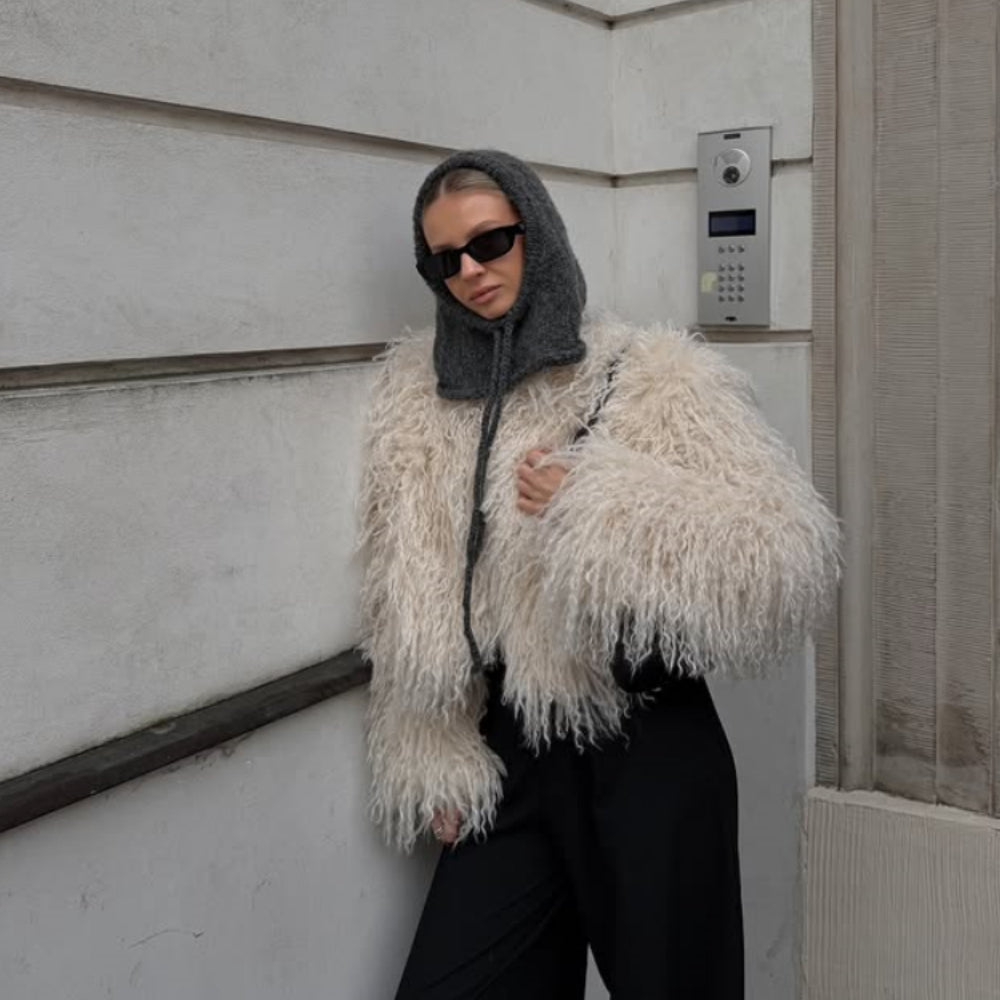 OFTBUY Cropped Faux Mongolia Sheep Fur Jacket