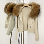 OFTBUY New Women's Beige Knit Hoodie with Large Real Fox Fur Trim Zipper Pockets Warm Winter Fashion Casual Outerwear Lady