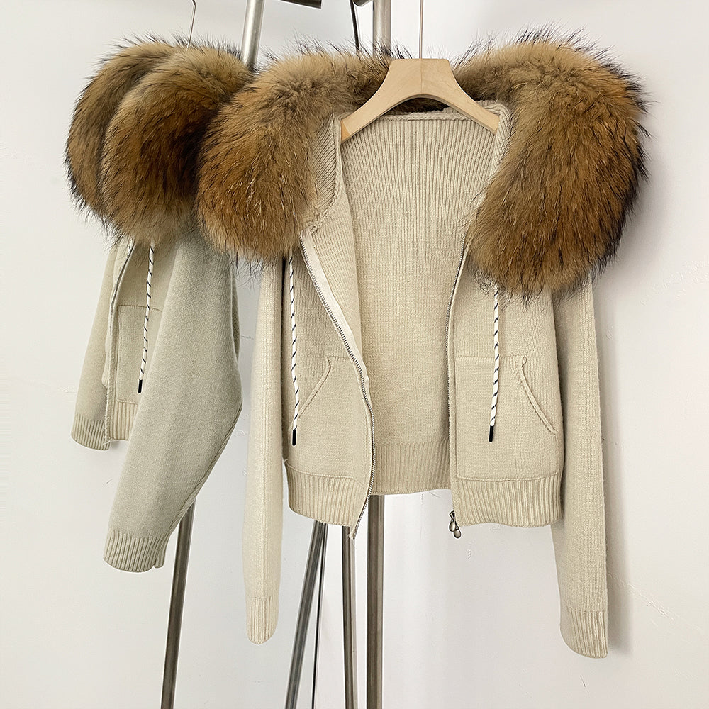 OFTBUY New Women's Beige Knit Hoodie with Large Real Fox Fur Trim Zipper Pockets Warm Winter Fashion Casual Outerwear Lady
