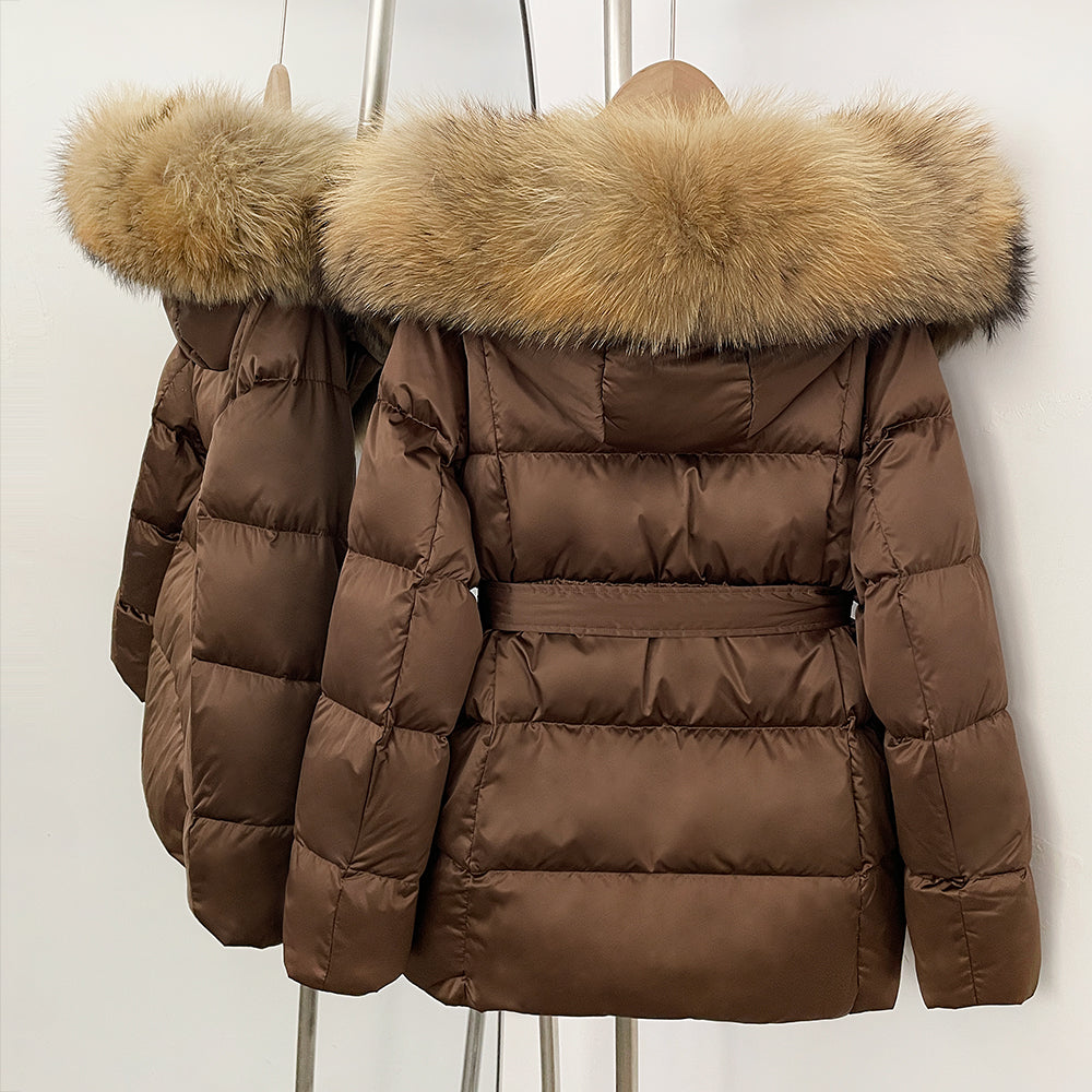OFTBUY New Women's Duck Down Jacket with Large Real Fox Fur Hood Belted Waist Warm Winter Puffer Coat Lady Luxury Outerwear