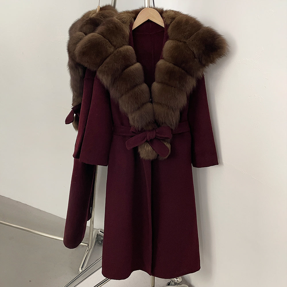 OFTBUY Long Belt Real Fur Wool Coat Female New Autumn Winter Warm Clothes Women Natural Fox Fur Collar Cashmere Woolen Jacket