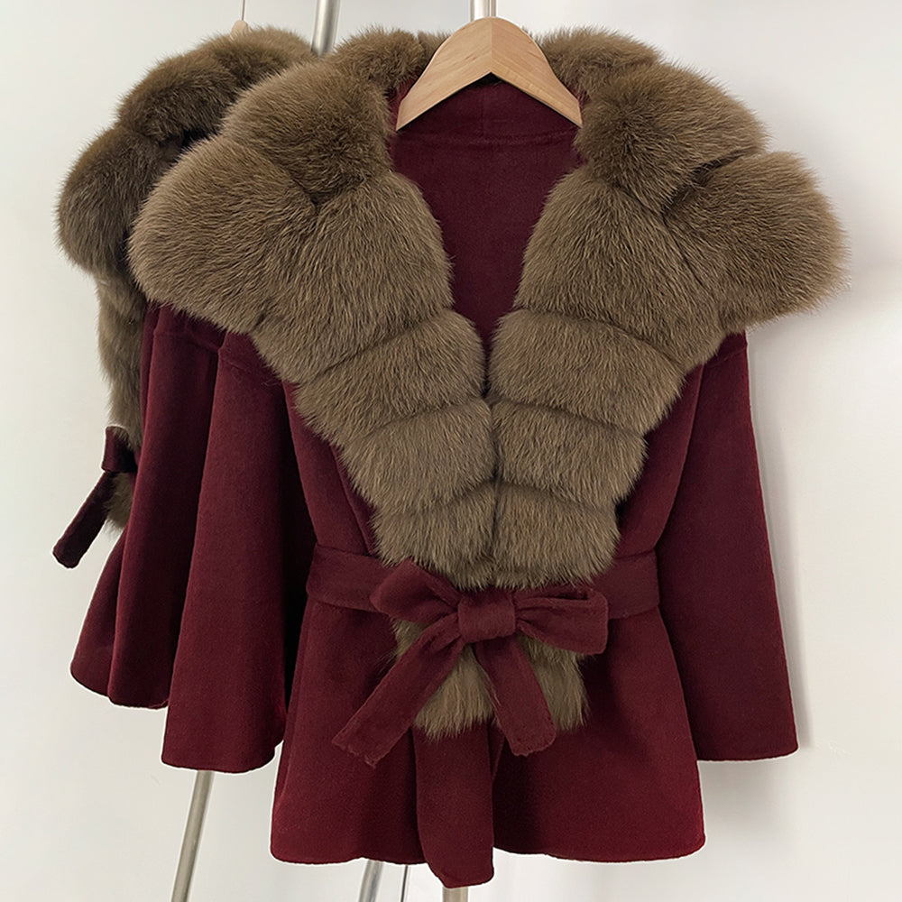 OFTBUY Belt Real Fox Fur Wool Coat Female New Autumn Winter Warm Clothes Women Natural Fox Fur Collar Cashmere Woolen Jacket