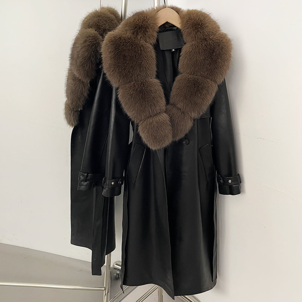 OFTBUY Long Faux Leather Jacket with Faux Fur Collar New Autumn Winter Clothes Women Fashion Belt Pocket Coat Female Streetwear